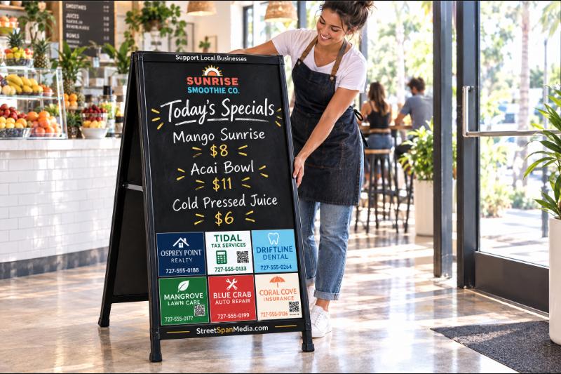 A smoothie bar owner setting her free StreetSpan specials board by the front door, printed with her logo, six local sponsor ads along the bottom