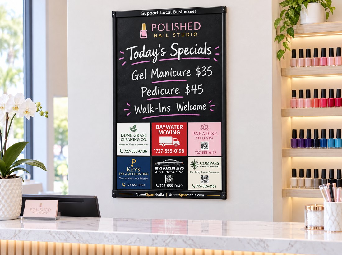 A StreetSpan wall-mount specials board behind the reception counter of a nail salon