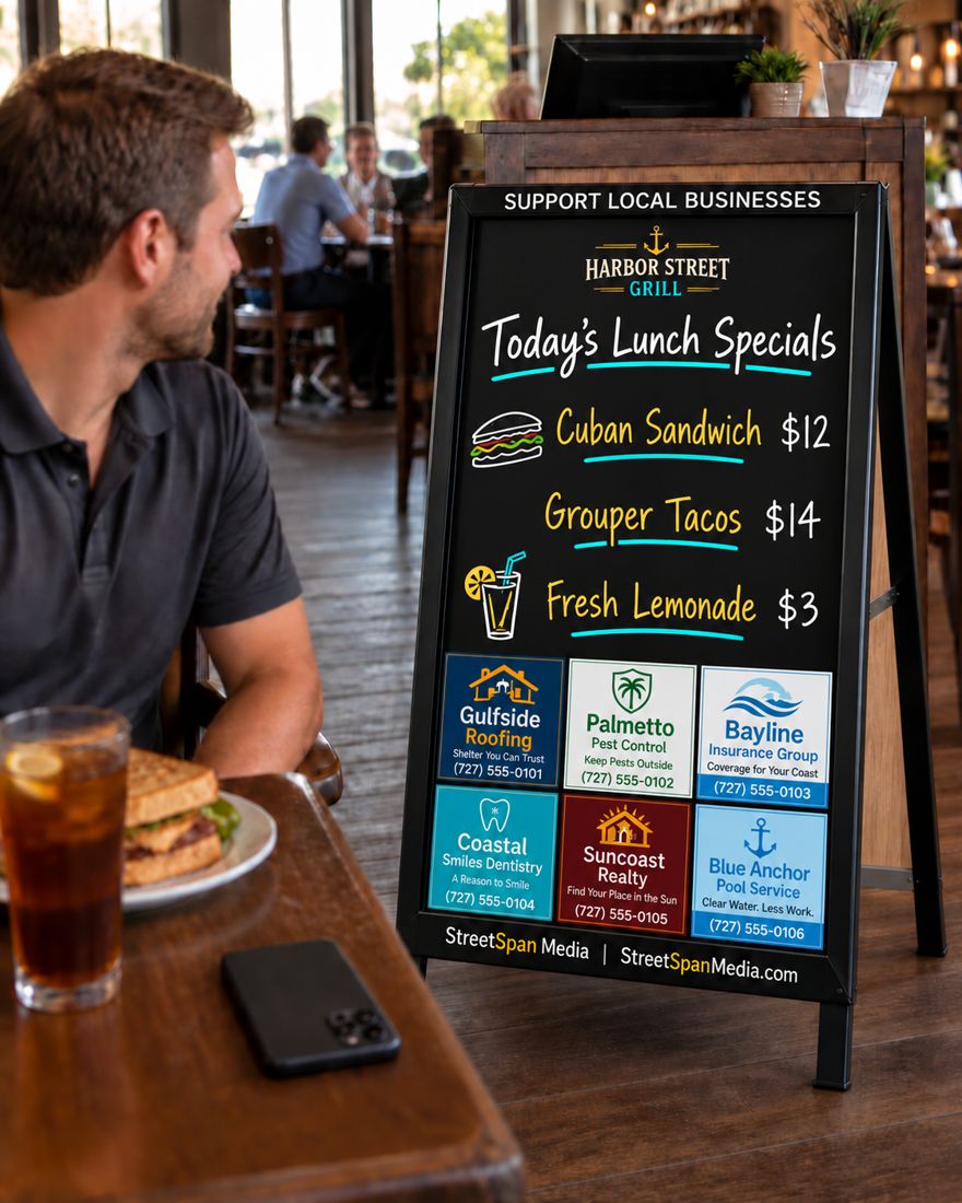 A customer eating lunch beside a StreetSpan specials board, with six local sponsor ads along the bottom