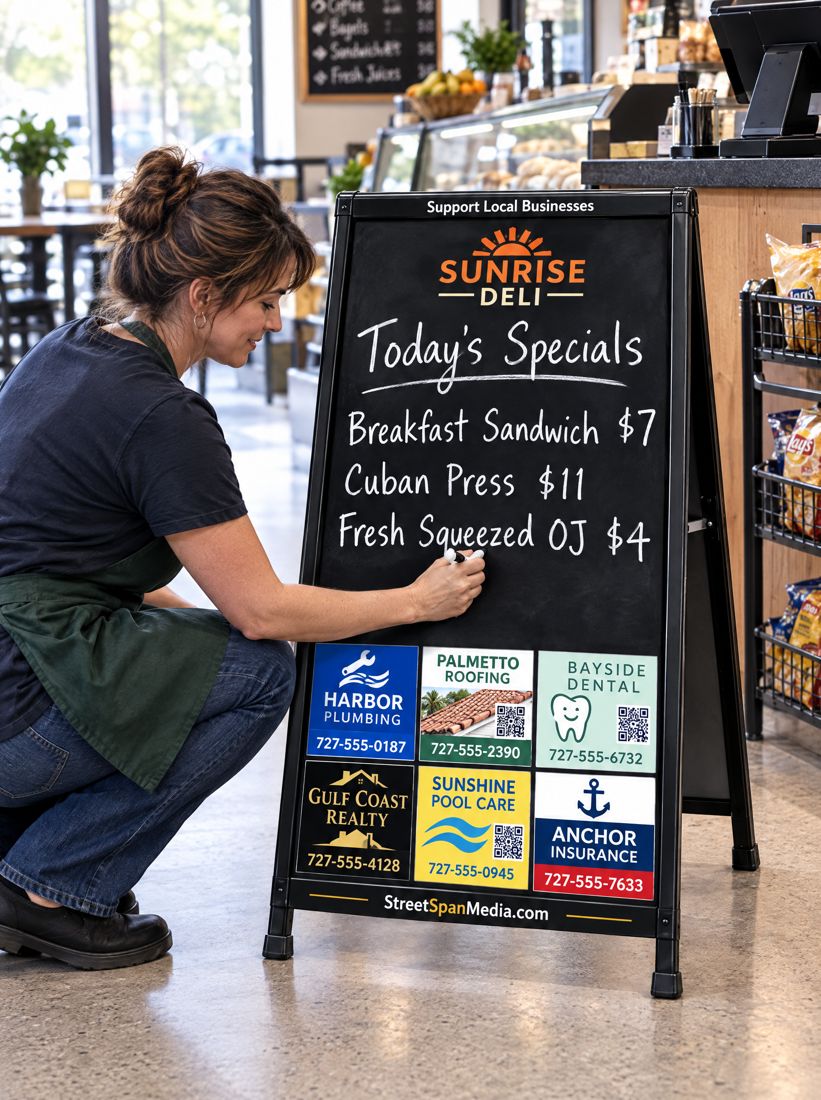 A deli owner writing the day's specials on a StreetSpan floor-stand board, with six sponsor ads along the bottom
