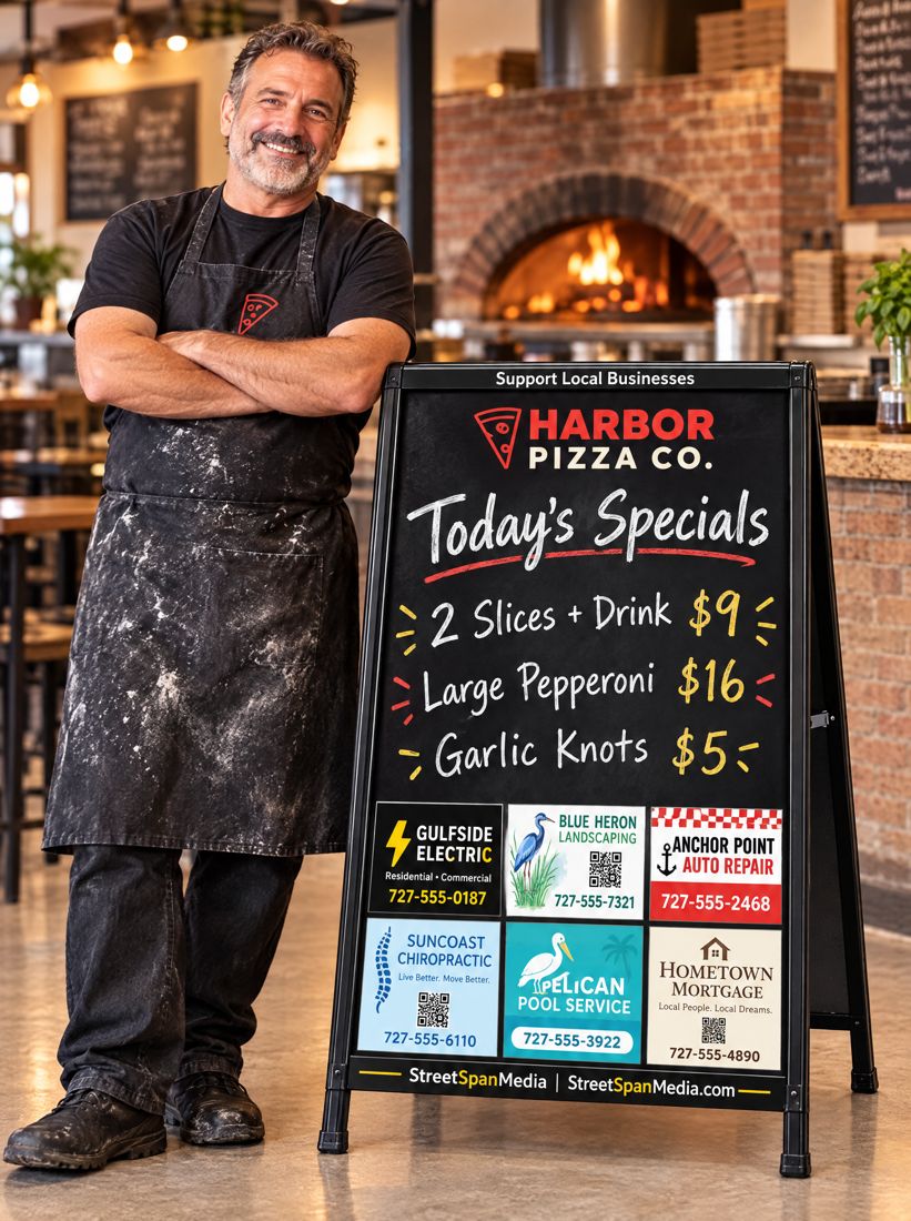 A pizzeria owner standing beside his StreetSpan specials board, with six local sponsor ads along the bottom