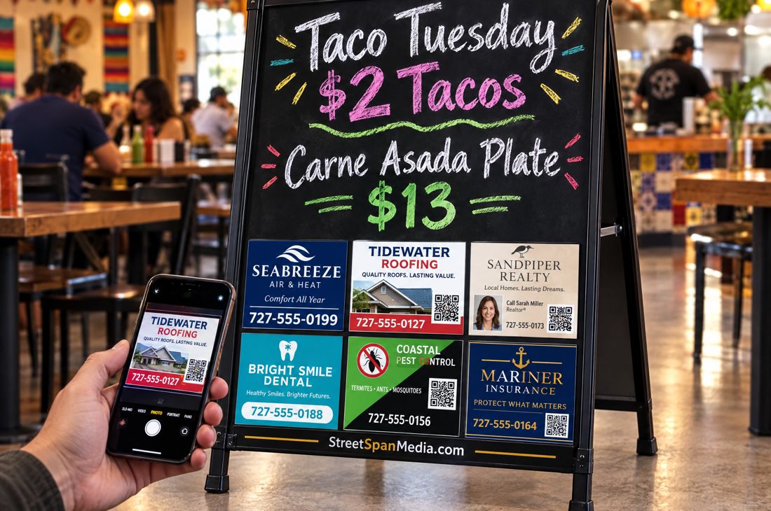 A StreetSpan specials board inside a taqueria with six sponsor ads along the bottom, a customer scanning one with a phone