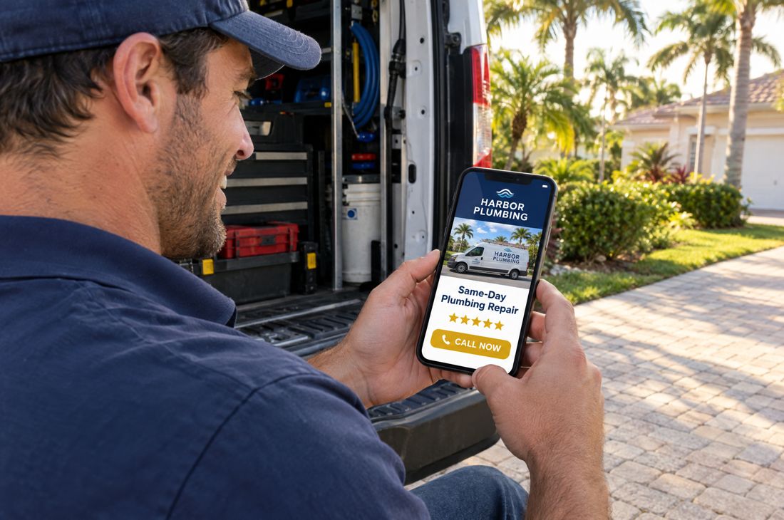 A plumber on the back of his work van looking at his new website on his phone