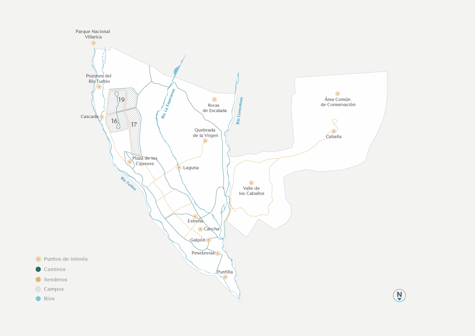 Masterplan Kawelluco — loteo, senderos, ríos y áreas de parque