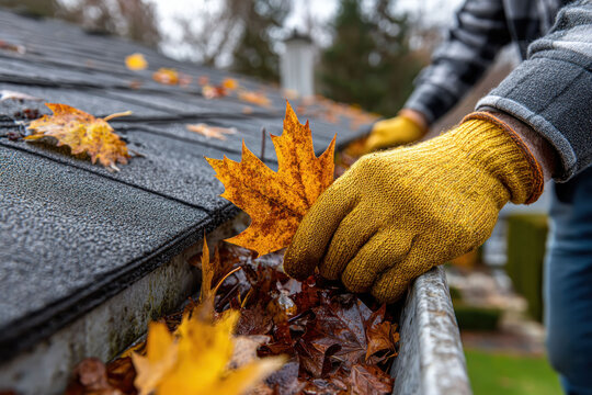 Winter debris clogging eavestroughs and homeowner clearing leaves during spring gutter cleaning Winter debris clogging eavestroughs and homeowner clearing leaves during spring gutter cleaning