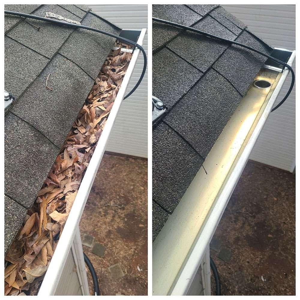 Before-and-after photo of a roof gutter filled with leaves on the left and cleaned out on the right.