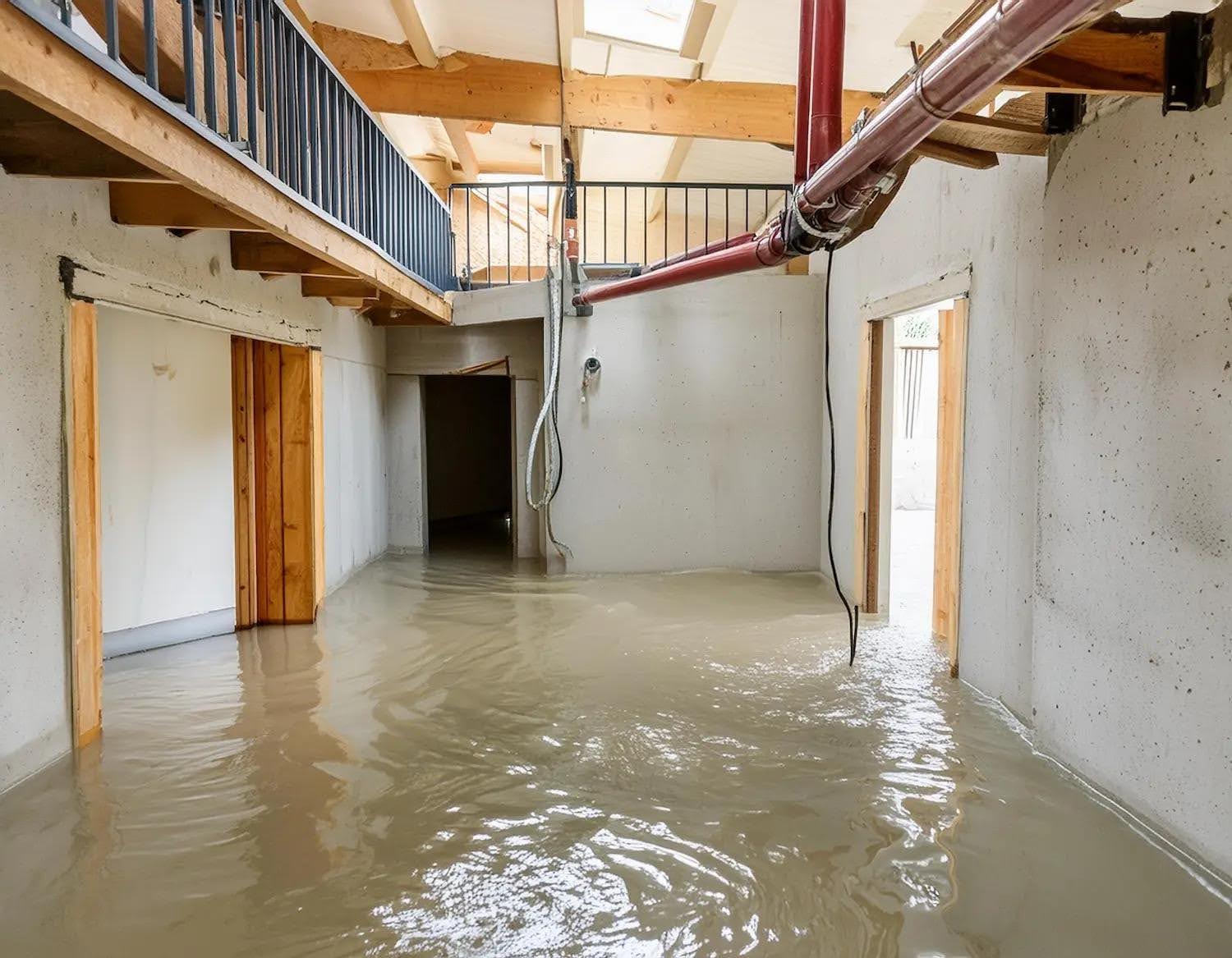 Flooded basement interior with standing water covering the floor, illustrating severe water damage caused by drainage or gutter system failure.