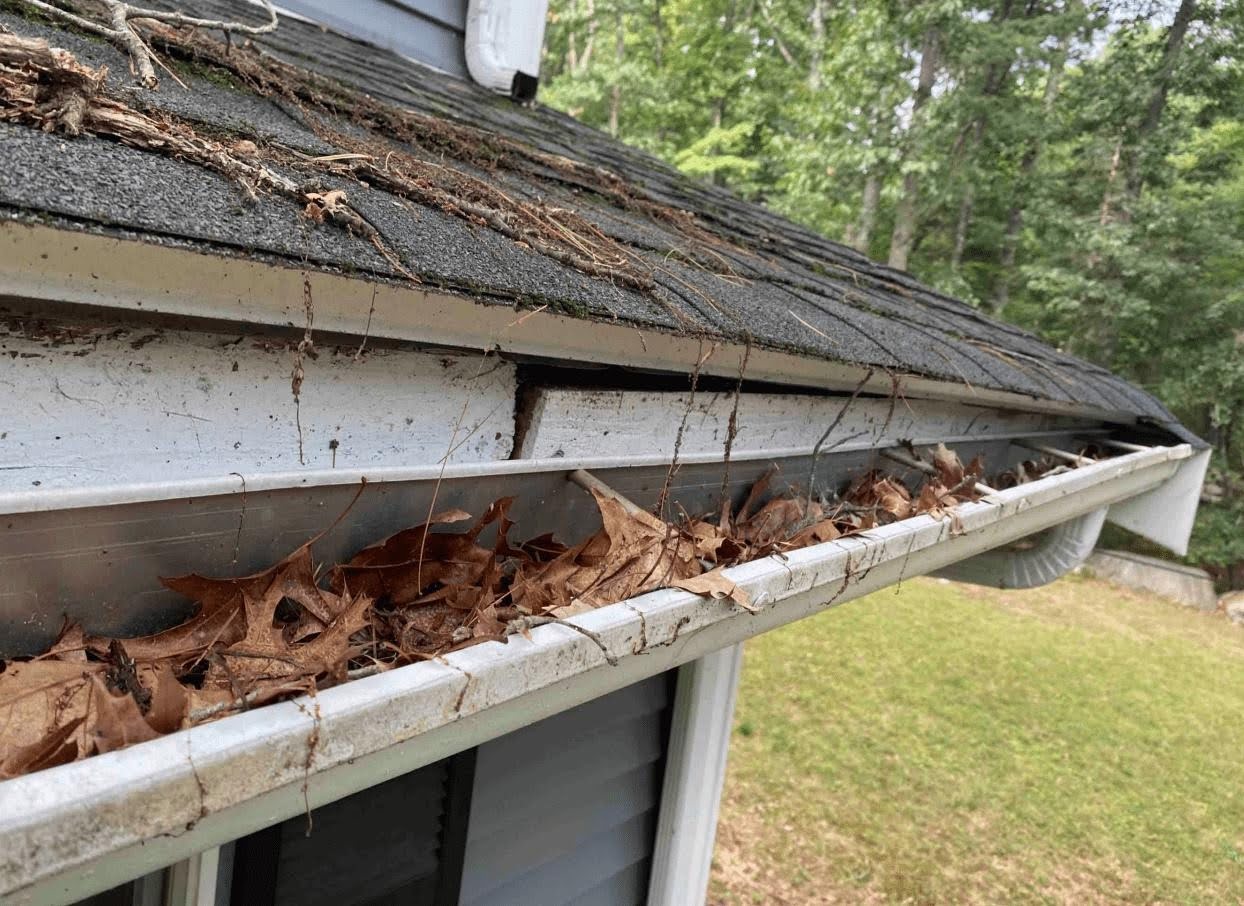 Clogged house gutter filled with leaves and debris along the edge of a shingled roof.