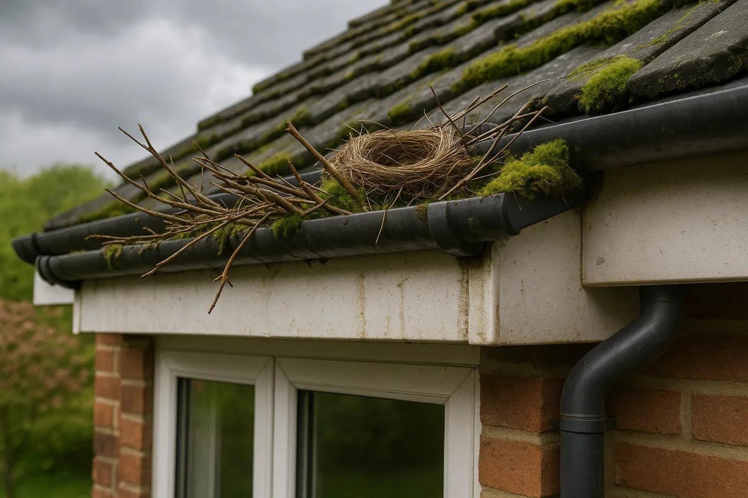 Bird nest and branches built inside roof gutter on house, indicating pest infestation risk.
