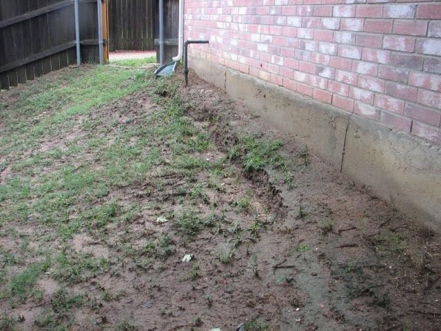 Landscape erosion causing soil washout along residential home foundation.
