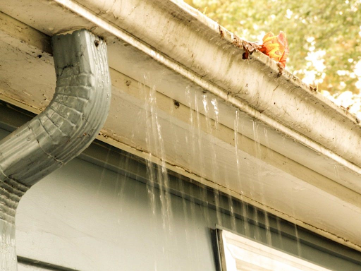 Water leaking and overflowing from a clogged white gutter with visible debris near a corrugated downspout.