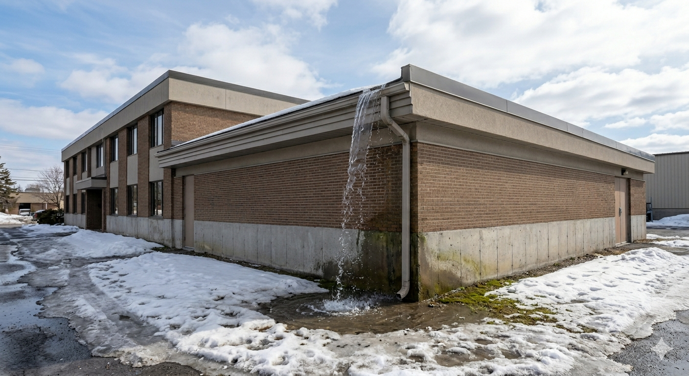 A brick commercial building on a partially snow-covered lot features a gutter that has detached or is overflowing, causing a steady stream of water to pour directly onto the ground beside the foundation.