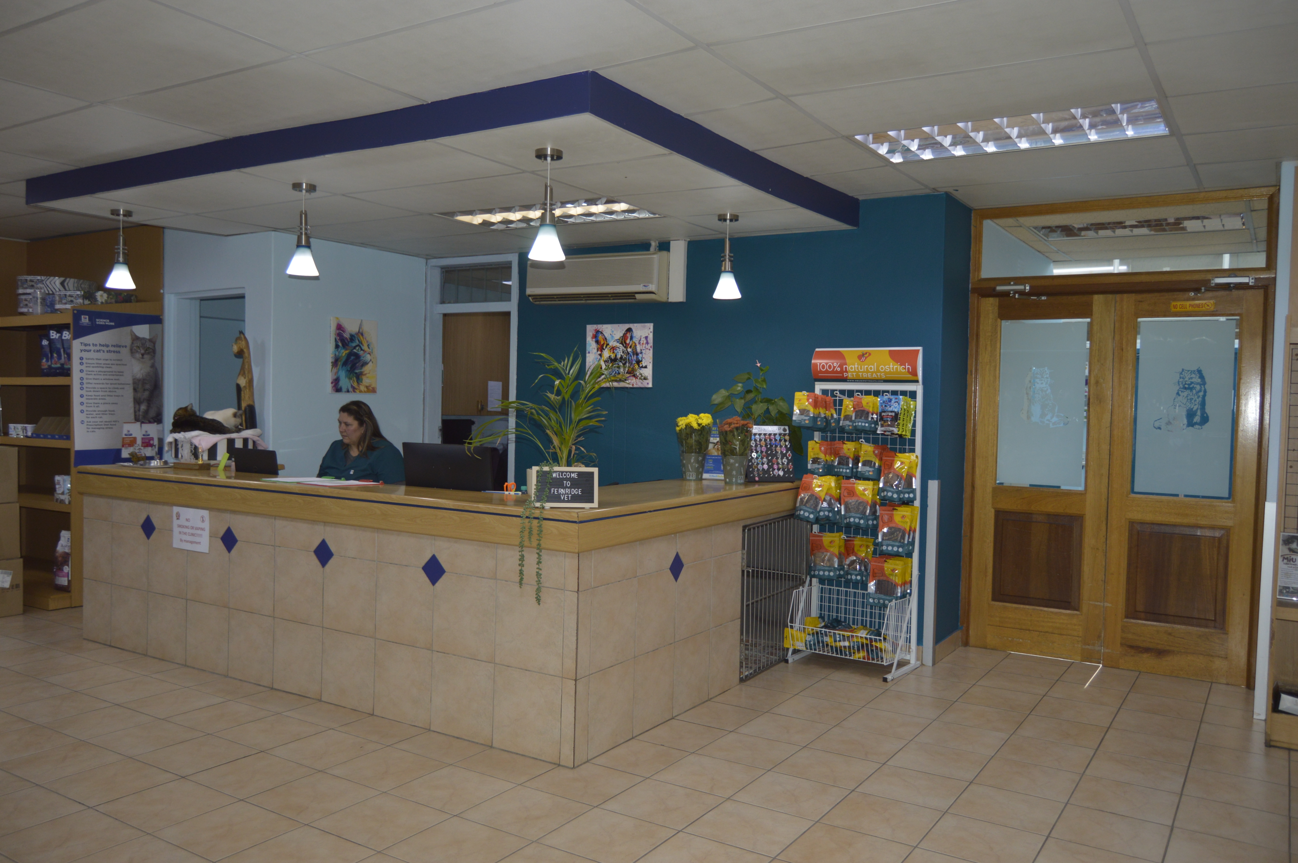 Friendly veterinarian examining a happy golden retriever and cat at Fernridge Vet Practice