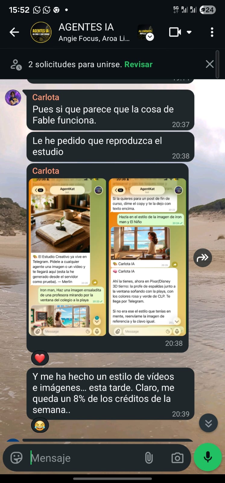 Captura de resultados compartidos por una alumna