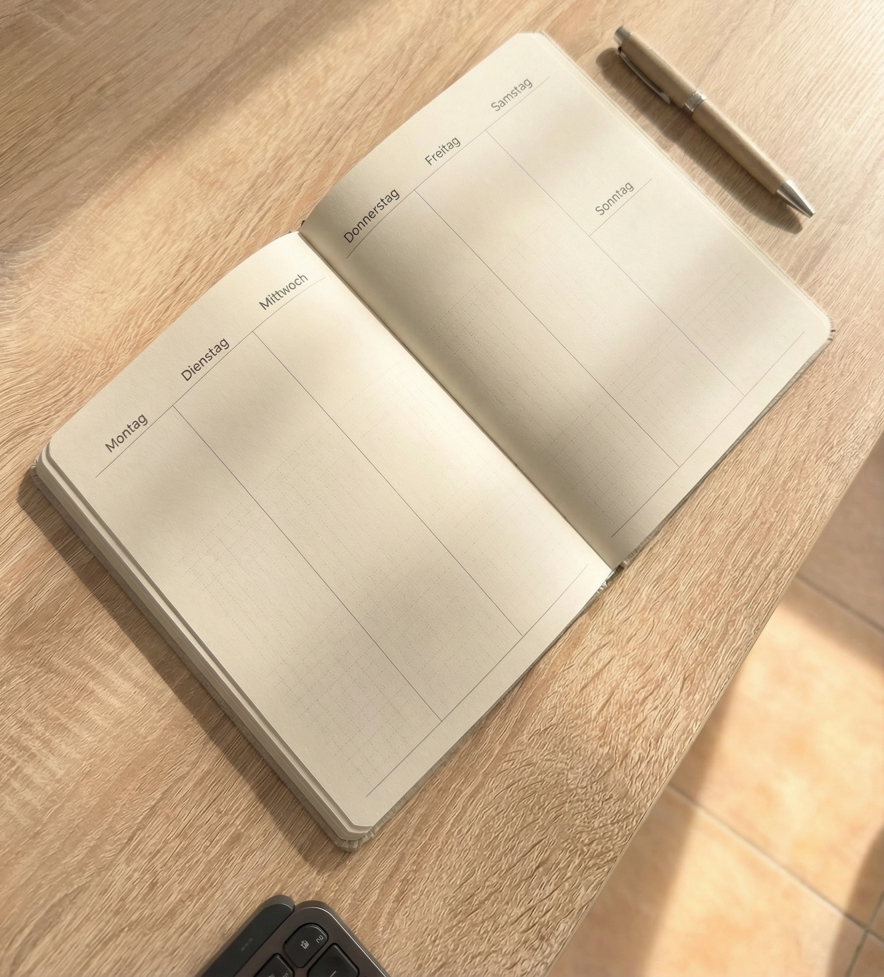 Aufgeschlagenes Notizbuch auf hellem Holztisch