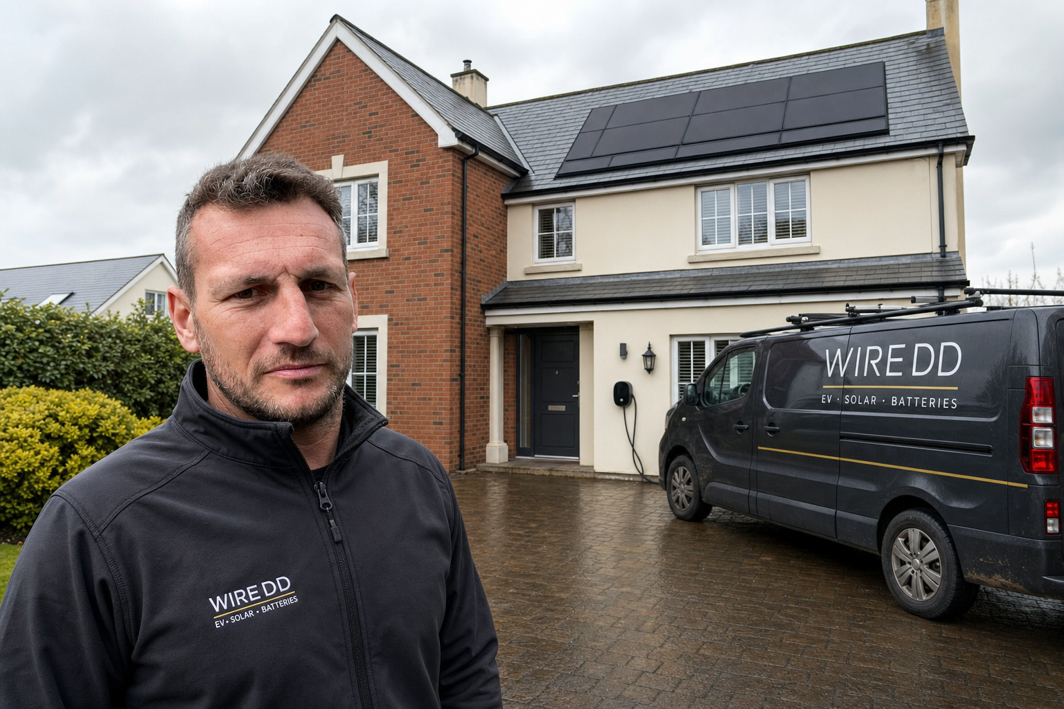 The sign-written Wiredd van outside a Greater Belfast home with rooftop solar and an EV charger, with Paul Shaw in the foreground