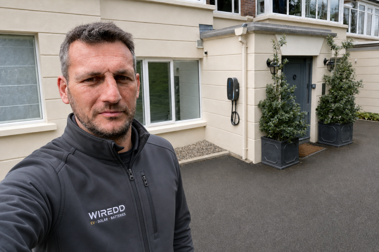 Paul Shaw of Wiredd beside a neatly installed home EV charger