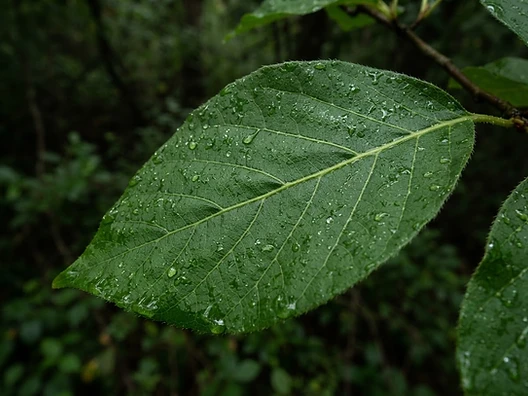 Close-up of a healthy leaf covered in rain droplets