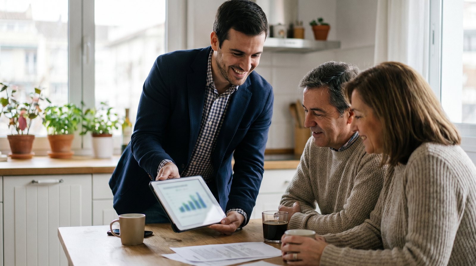 Cliente revisando su estudio de ahorro con el consultor