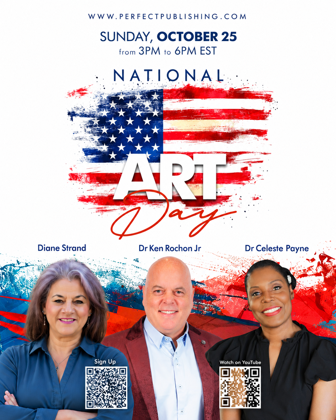 National Art Day live broadcast graphic featuring Diane Strand, Dr. Ken Rochon Jr., and Dr. Celeste Payne, Sunday, October 25, 3 to 6 PM EST on The Smile Channel