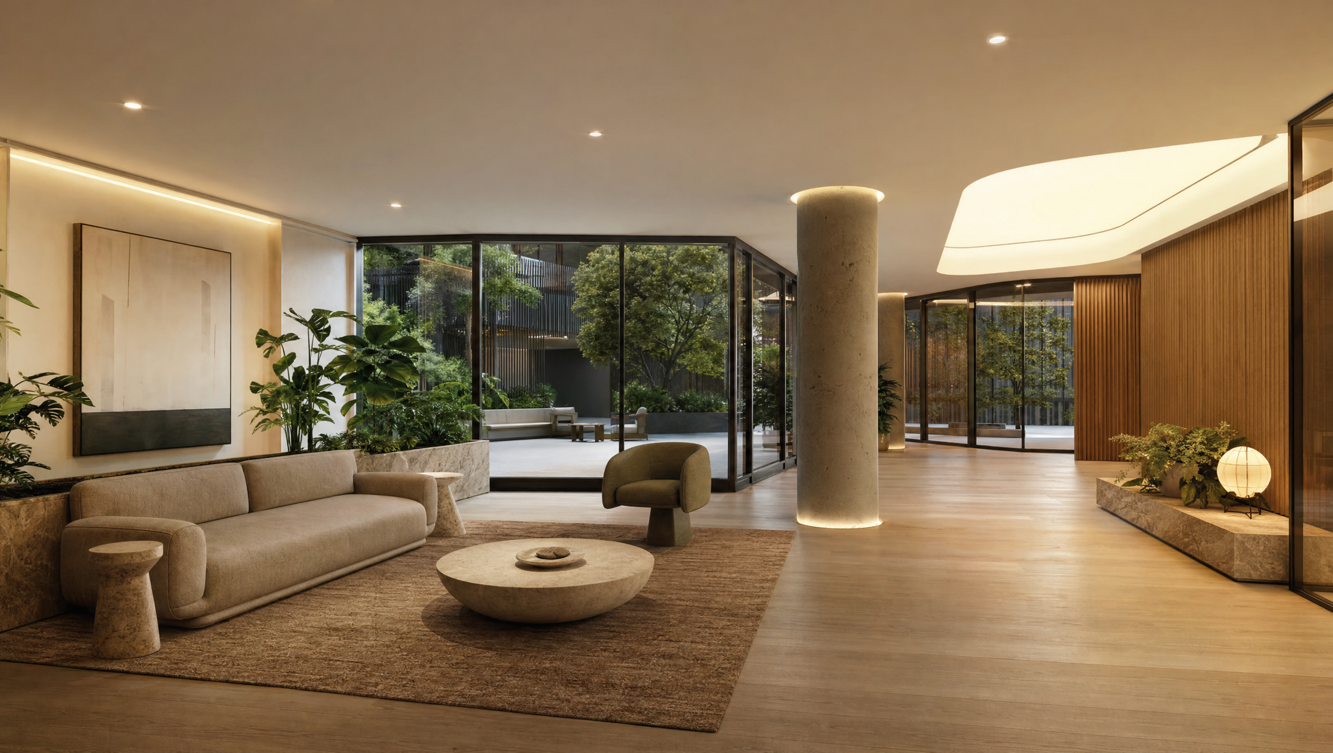 Interior render of an apartment living area with warm evening light.