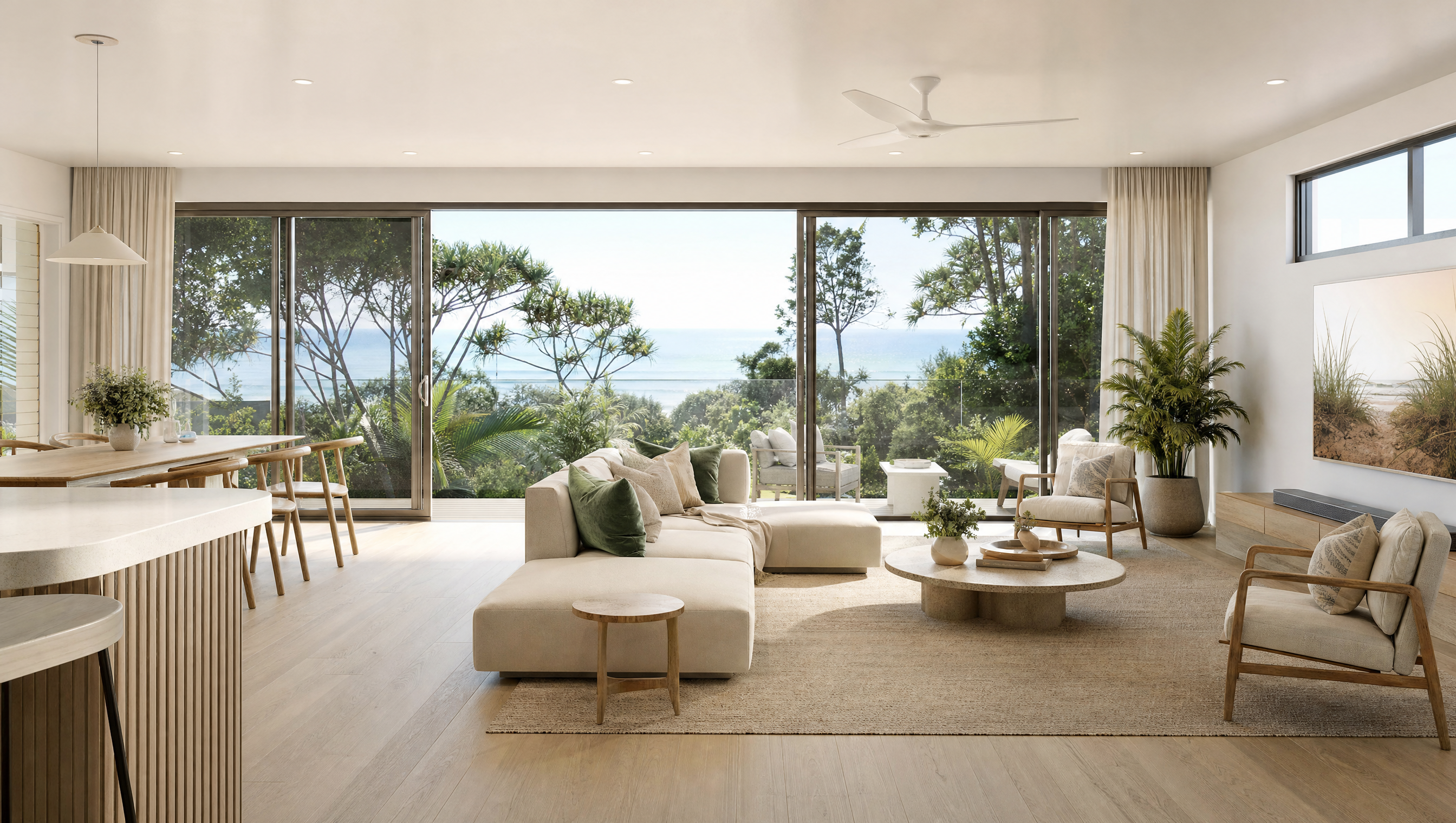 Coastal townhouse render showing the facade and landscaped entry.