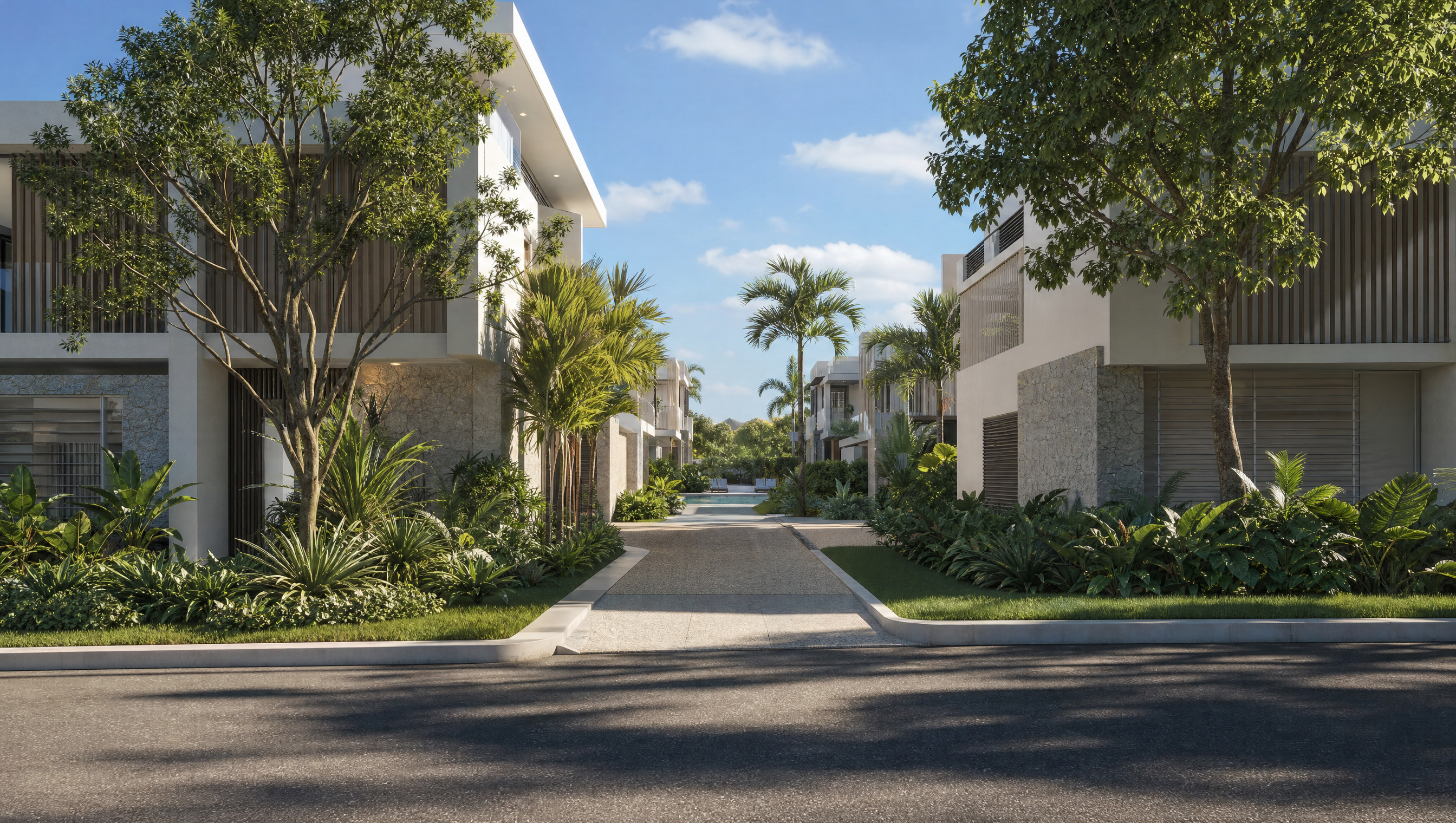 Aerial render of the coastal townhouse release near the water.