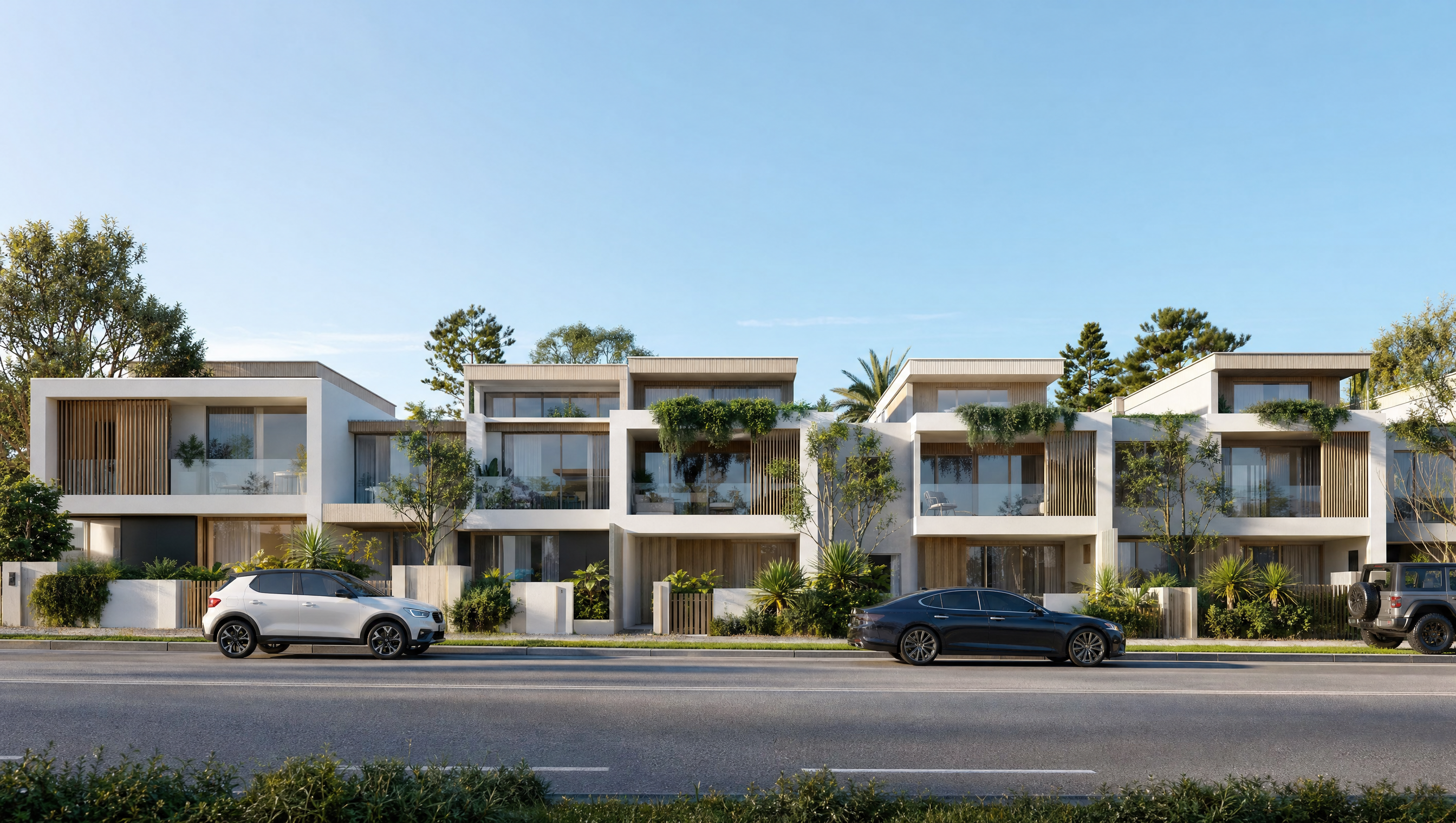 Cinematic coastal townhouse render at golden hour for downsizers, Fox Haus hero film.