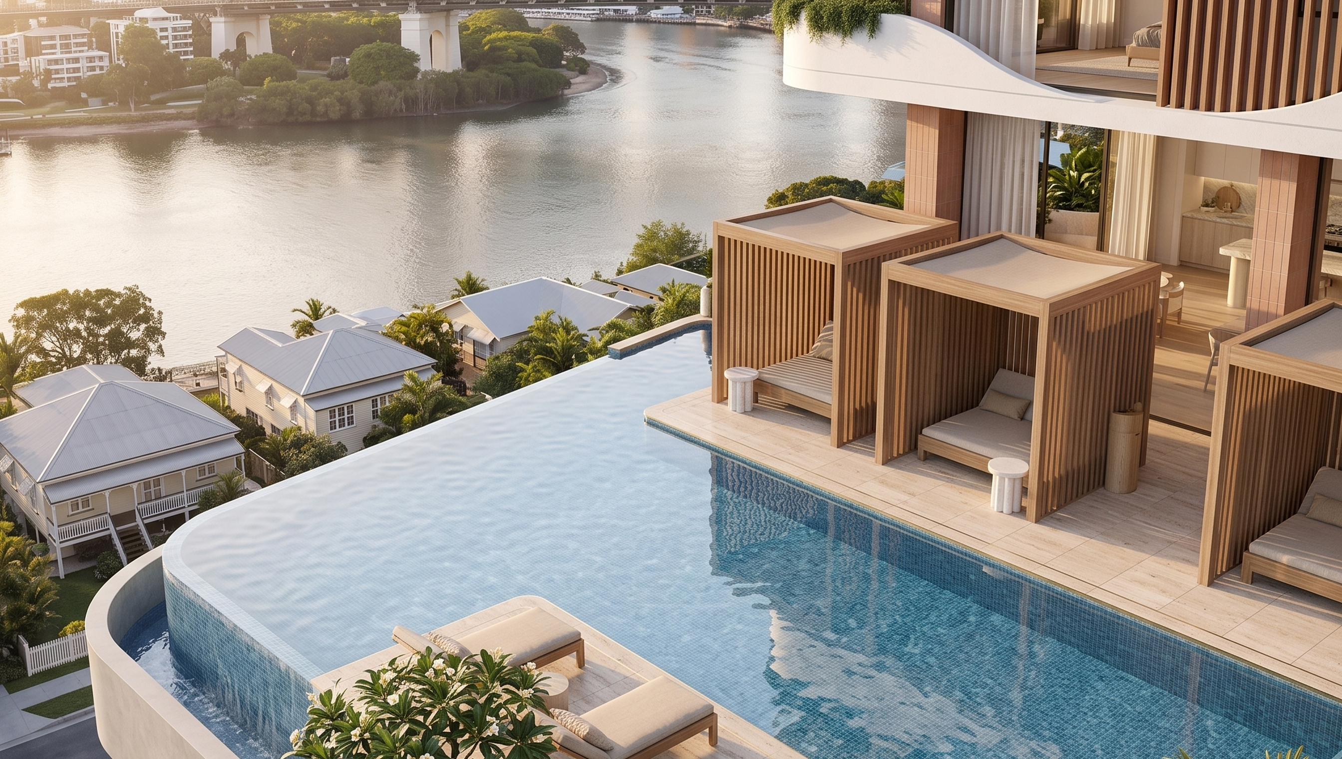 Interior render of a high-rise apartment living area with river views.