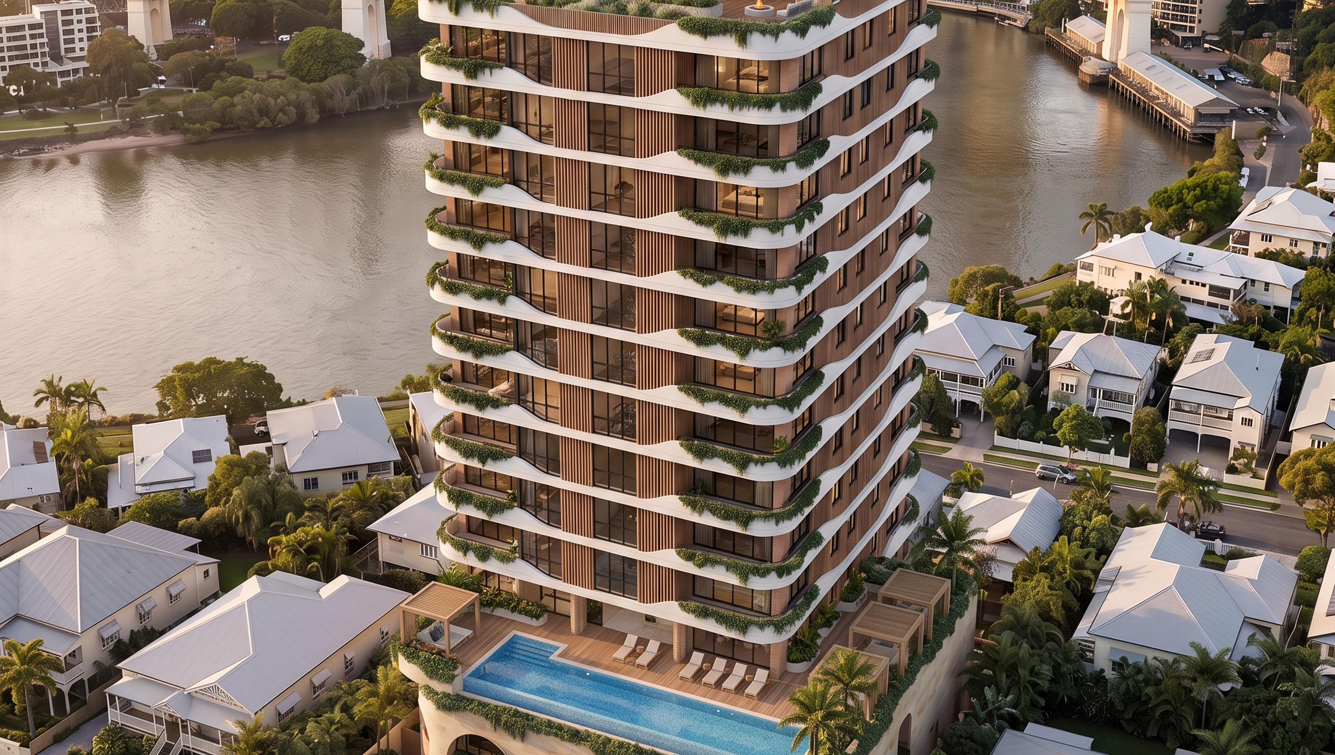 Aerial render of the riverside high-rise and surrounding inner-city context.
