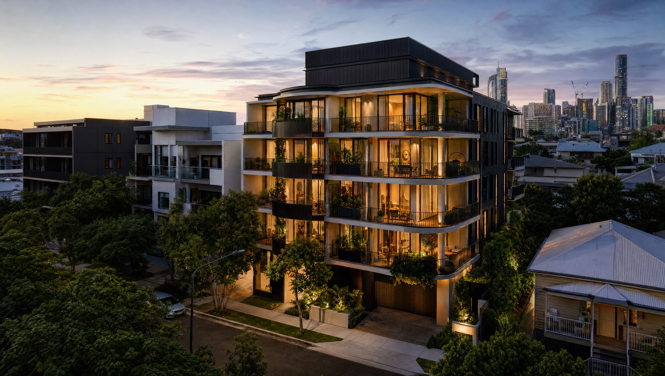 Aerial render of the boutique apartment building and surrounds.