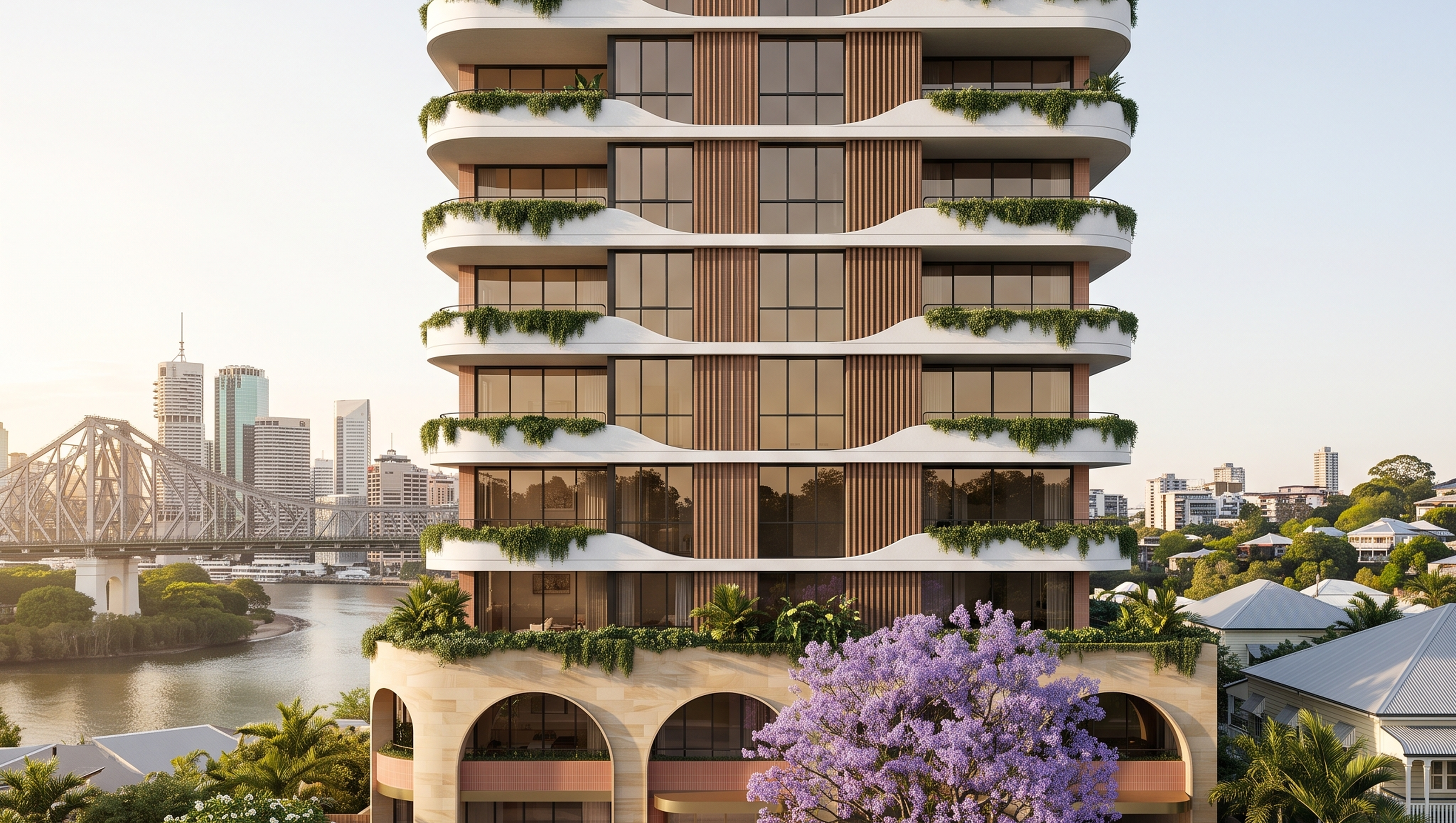 Cinematic render of a riverside high-rise tower with the pool deck and river outlook, Fox Haus hero film.
