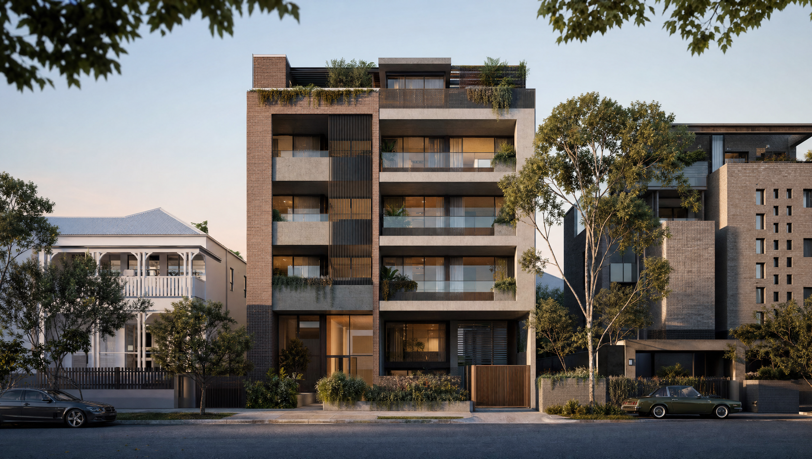 Cinematic render of a boutique inner-city apartment building at dusk with glowing balconies, Fox Haus hero film.