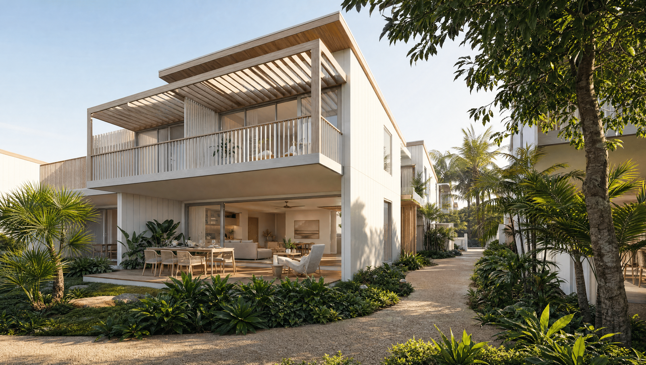 Interior render of a coastal townhouse living area with afternoon light.