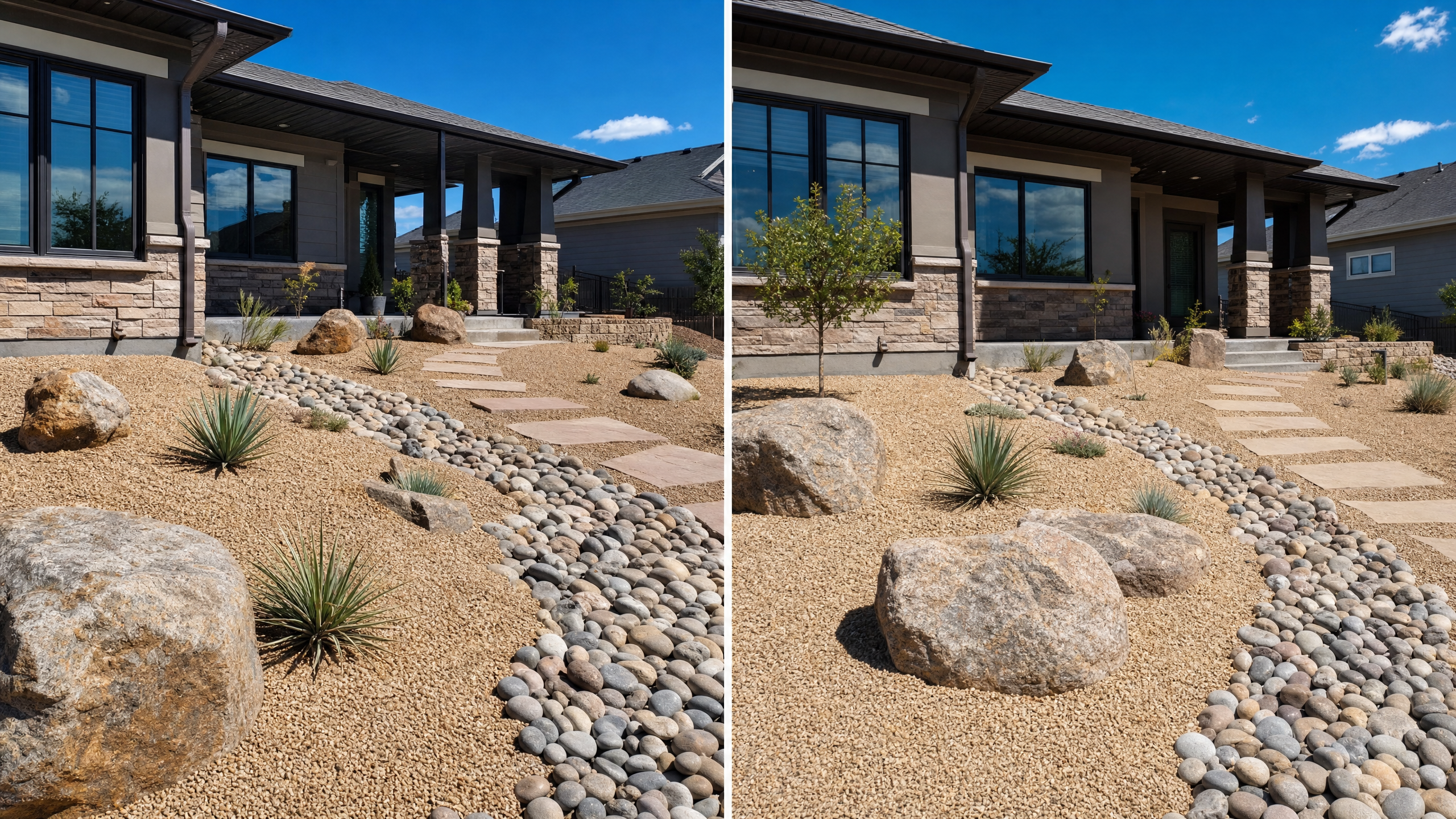 Zeroscaping front yard design with decorative gravel, river rock dry creek bed, boulders, and drought-tolerant plants at Denver home Zeroscaping front yard design with decorative gravel, river rock dry creek bed, boulders, and drought-tolerant plants at Denver home