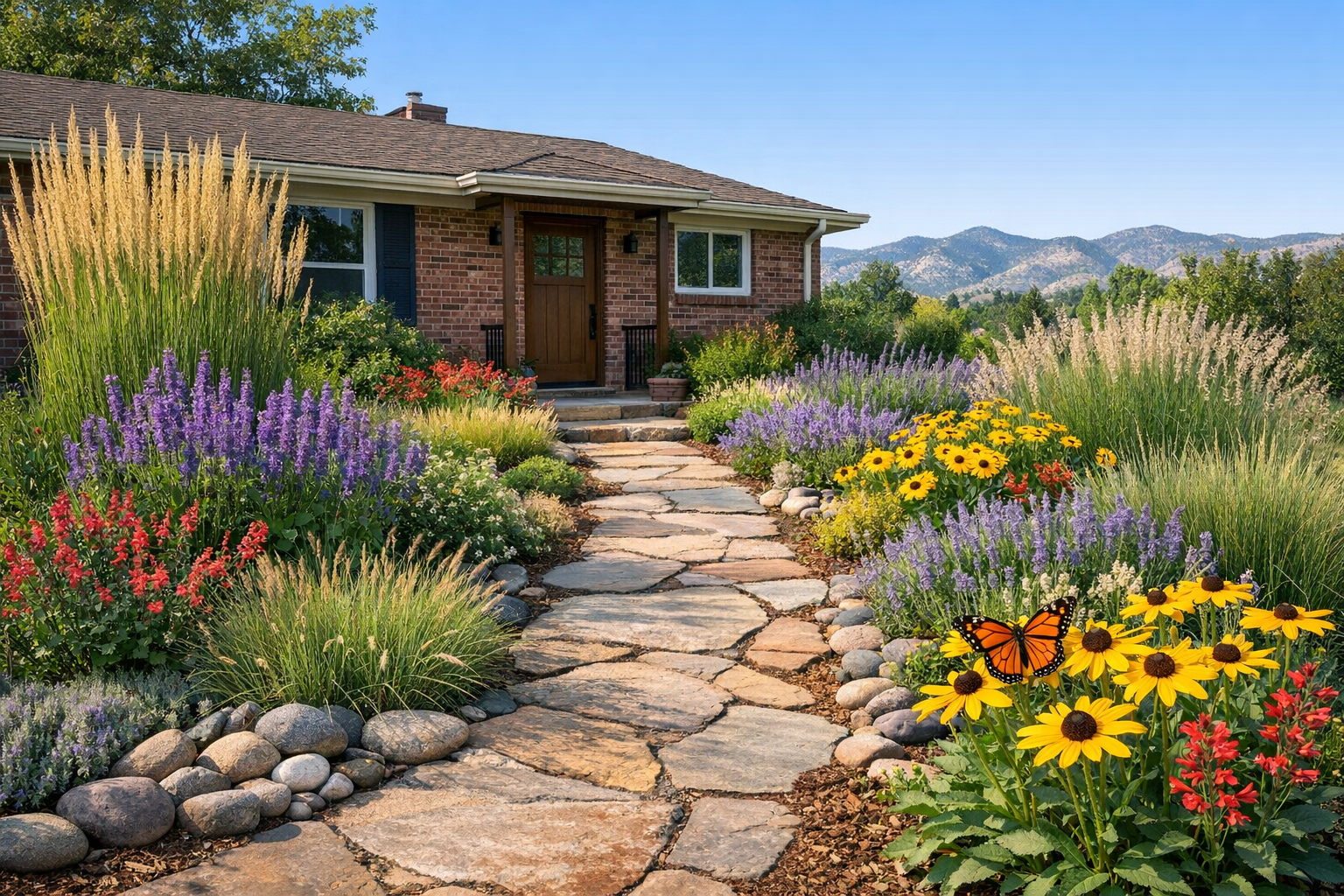 ColoradoScaping front yard with native wildflowers, ornamental grasses, and flagstone path at Denver area home ColoradoScaping front yard with native wildflowers, ornamental grasses, and flagstone path at Denver area home