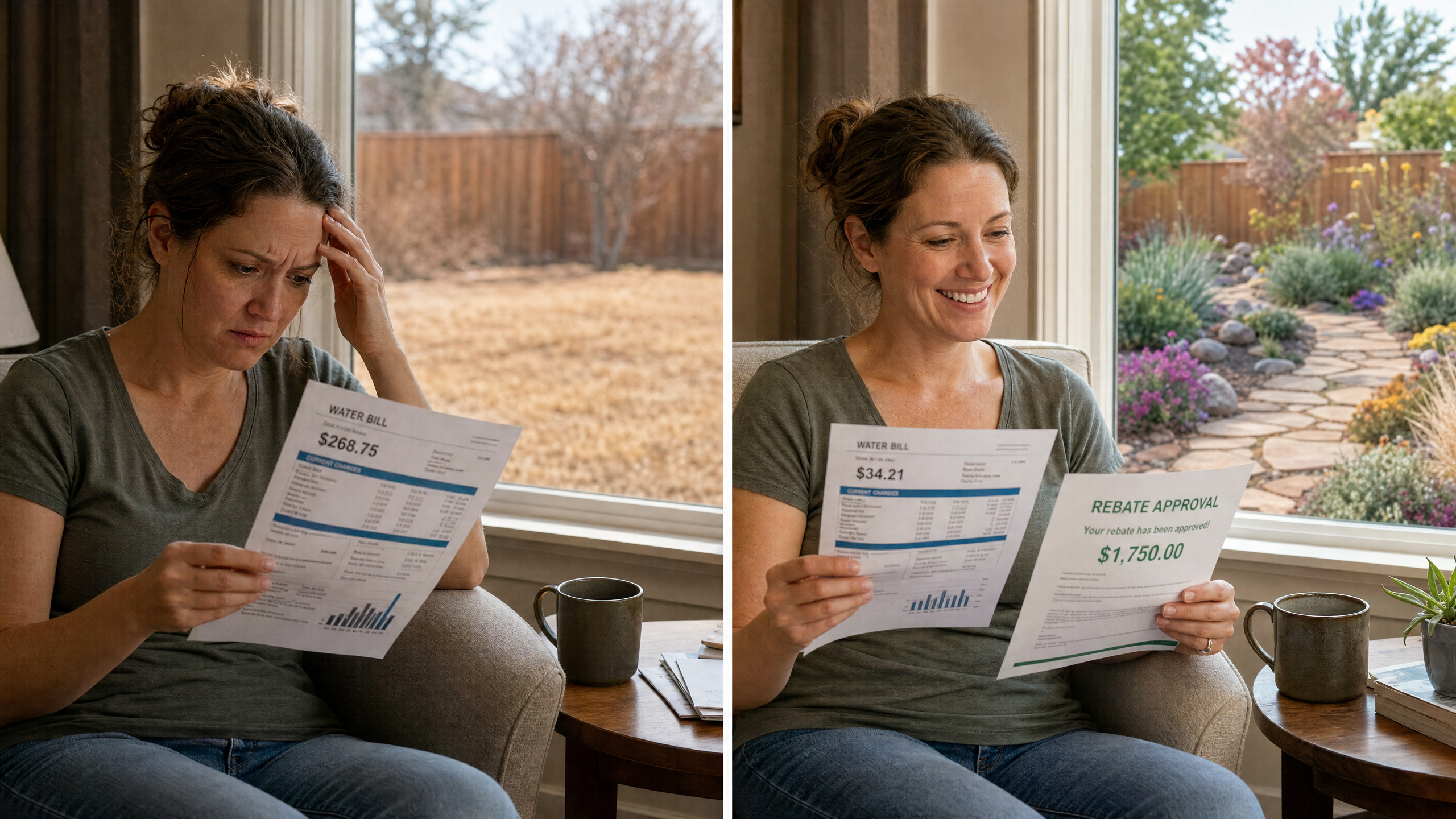Before and after showing Denver homeowner stressed by $268 water bill versus happy after ColoradoScaping rebate approval of $1,750