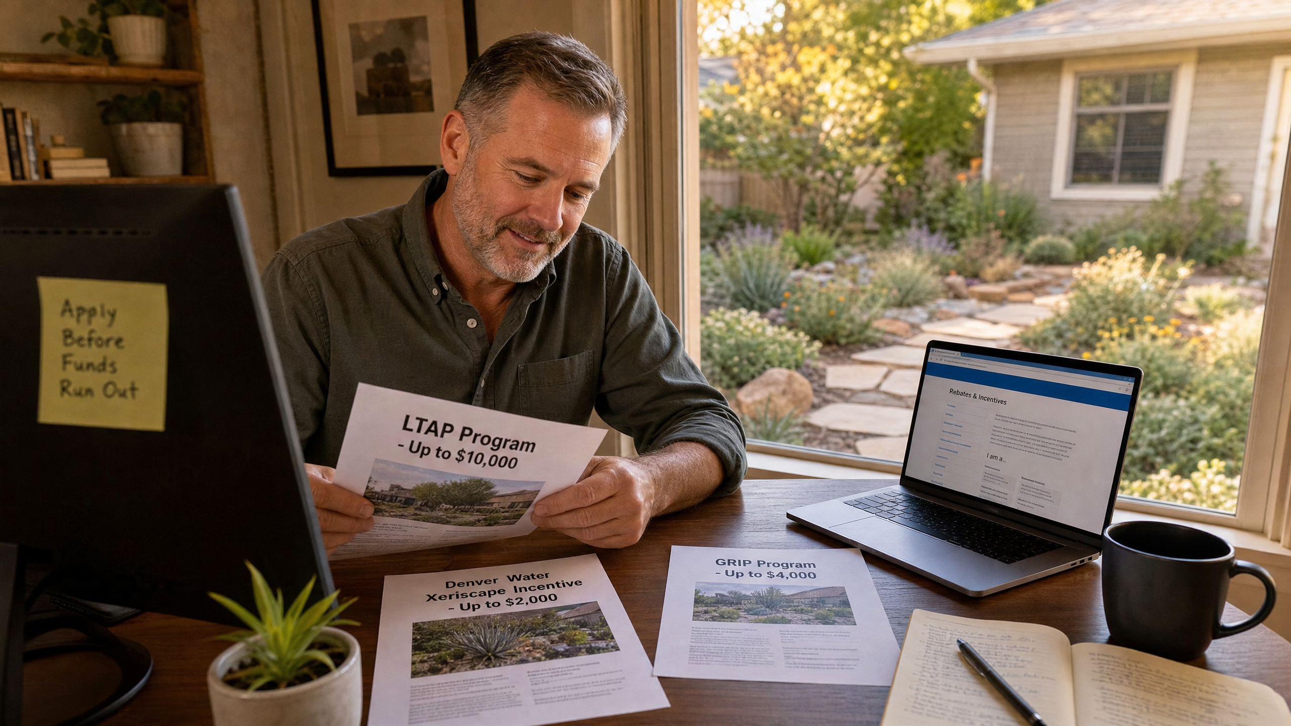 Denver homeowner reviewing LTAP, Xeriscape Incentive, and GRIP rebate program documents for ColoradoScaping project