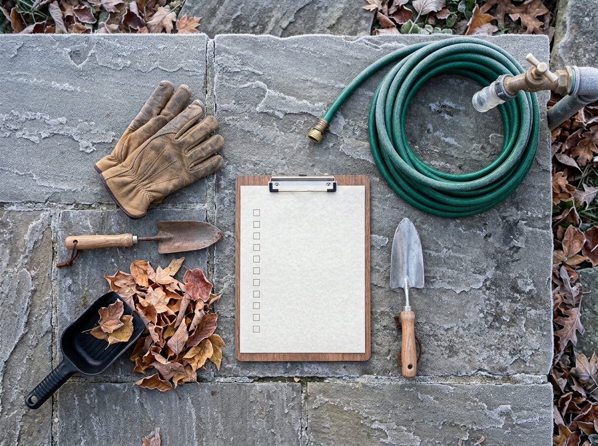 Fall sprinkler winterization checklist with disconnected hose and gutter tools