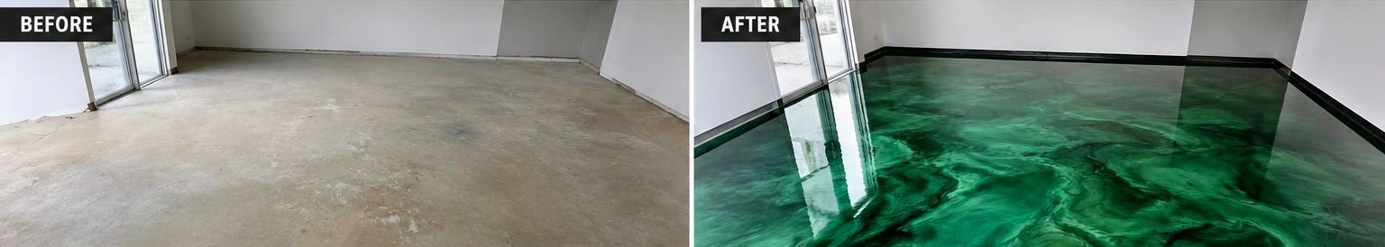 Worn concrete floor transformed with an emerald green metallic epoxy pour