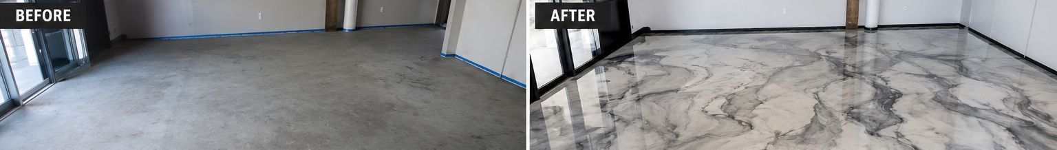 Grey concrete slab transformed with a white and grey marbled metallic floor