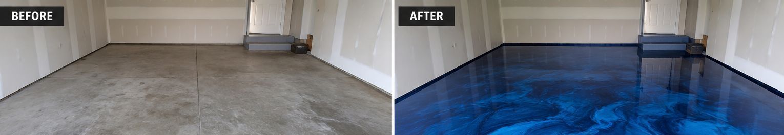 Bare garage slab transformed with a deep blue metallic epoxy floor