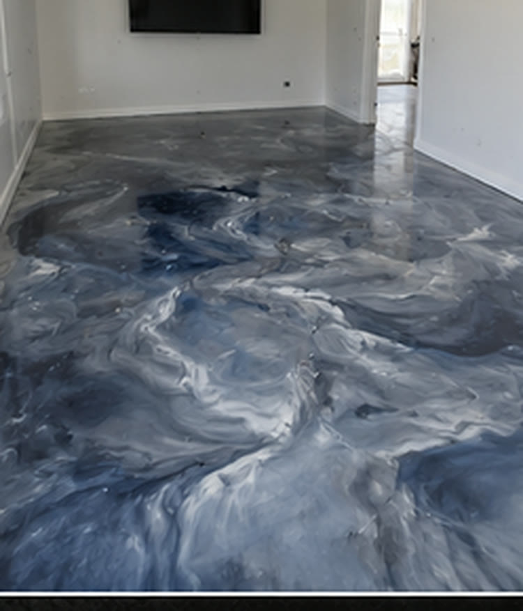 Blue metallic epoxy floor in a lounge room by Accredited Epoxy Flooring