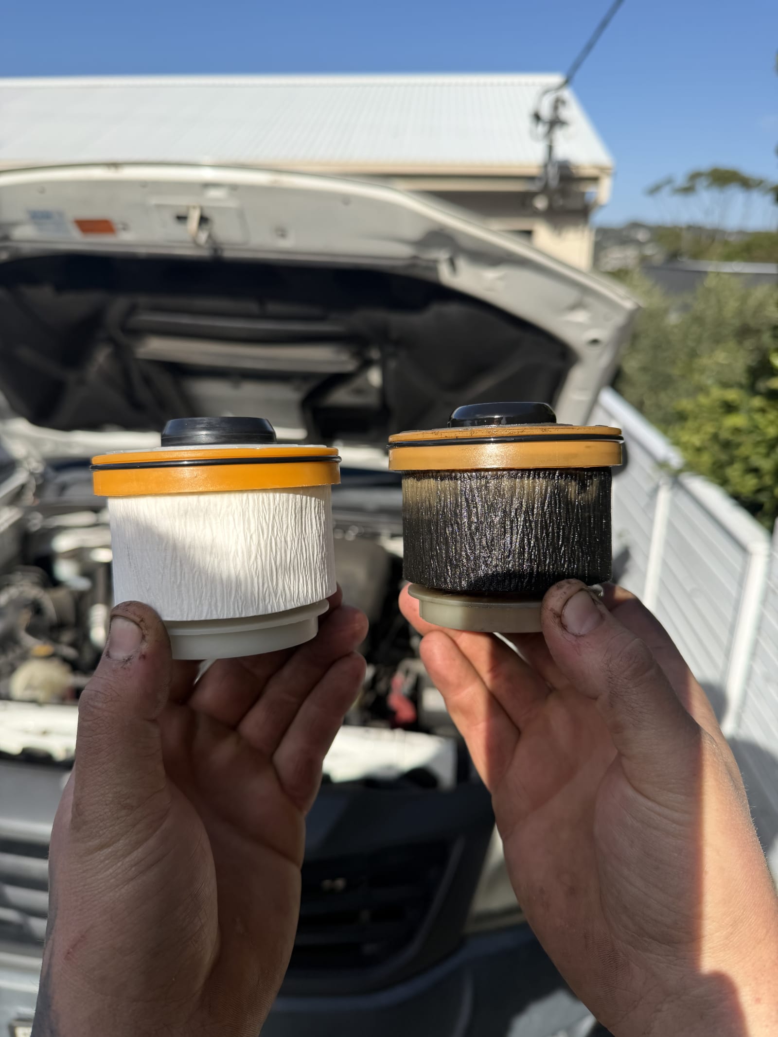 A clean fuel filter beside the clogged one it replaced