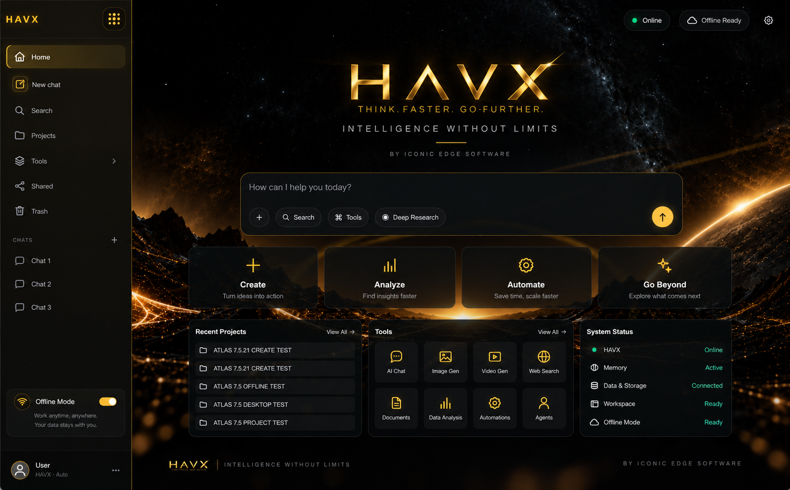 HAVX desktop workspace with system status and offline-ready experience