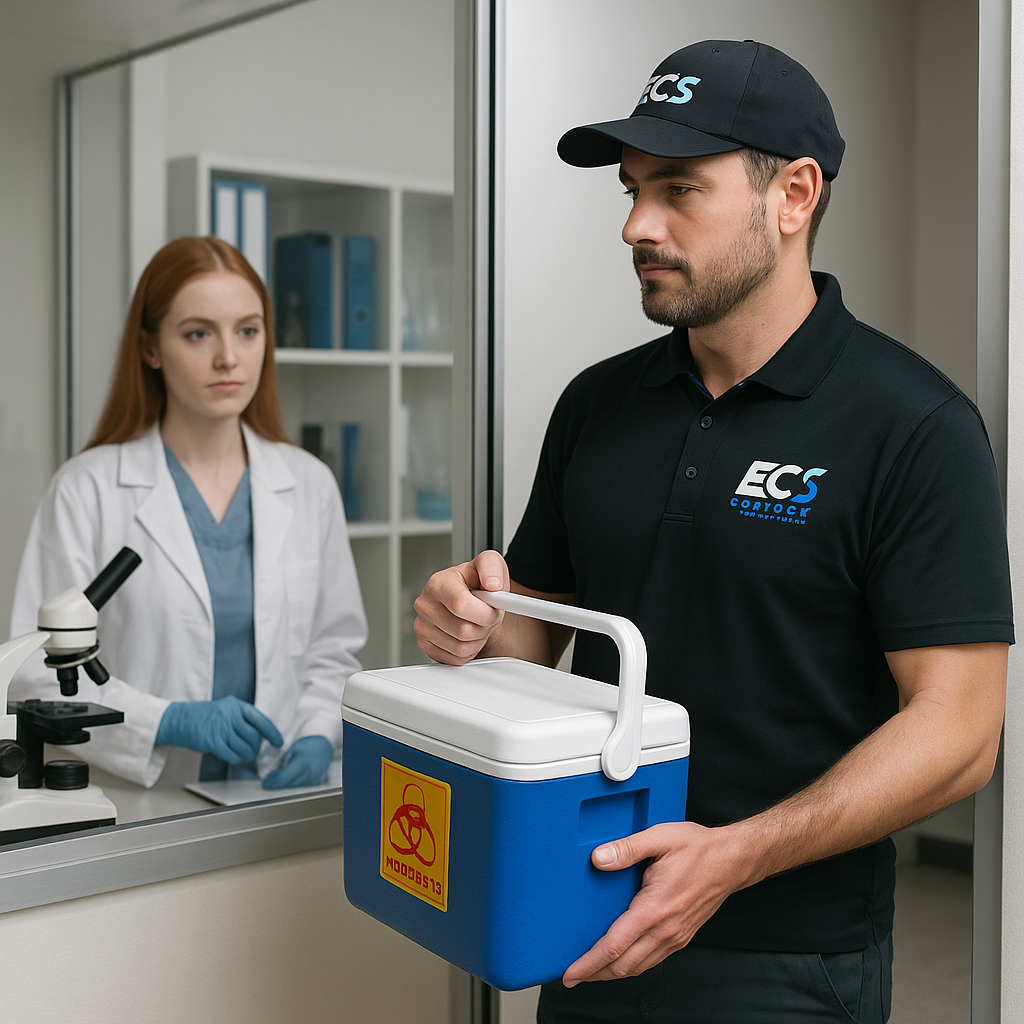 Biotech courier transporting clinical research materials