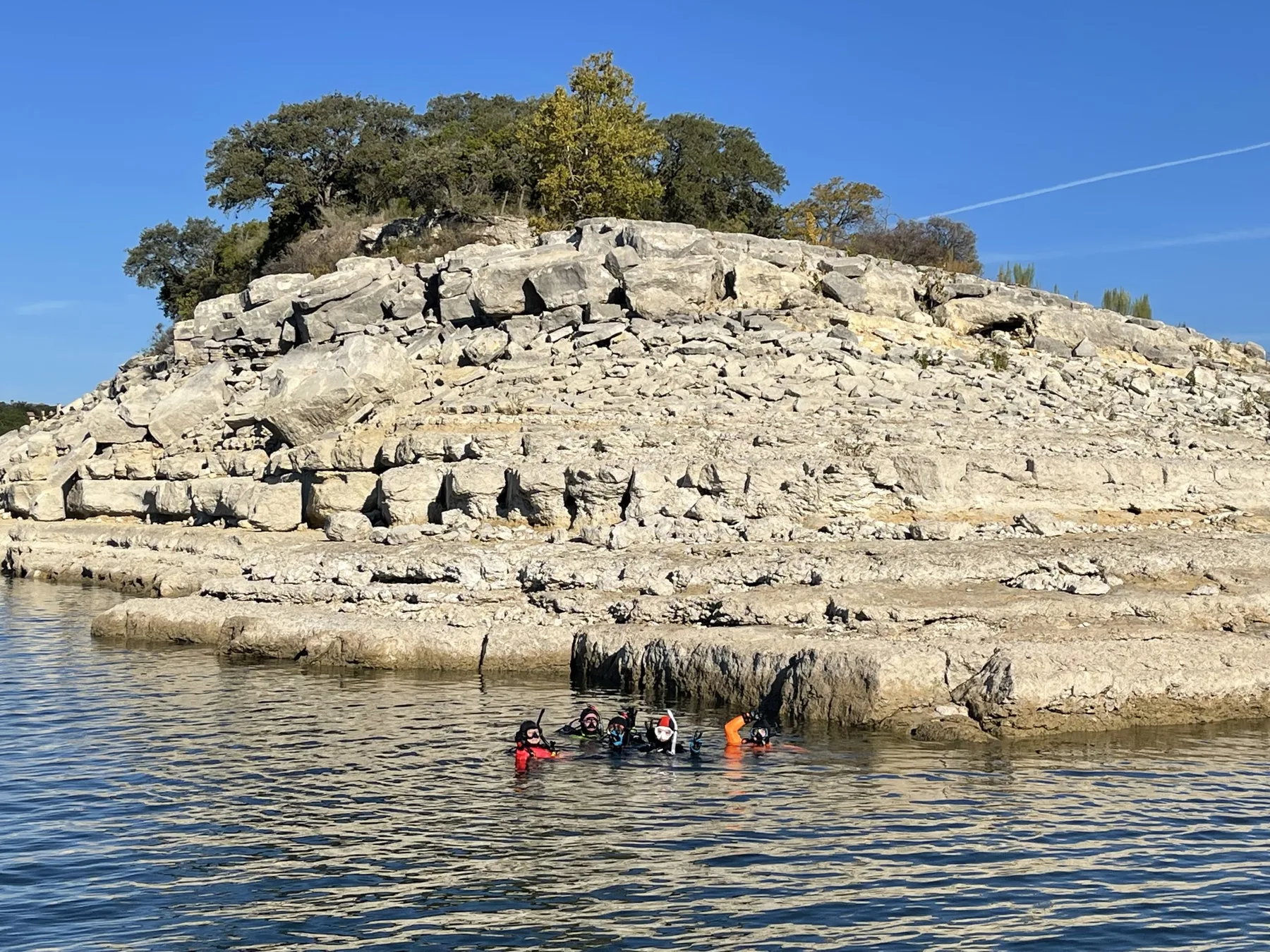 Divers on the surface beside Starnes Island