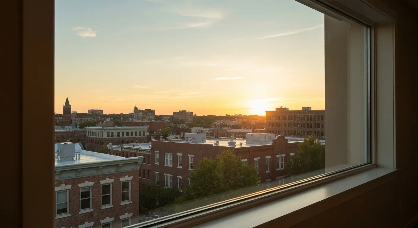 Large picture window with sunset view