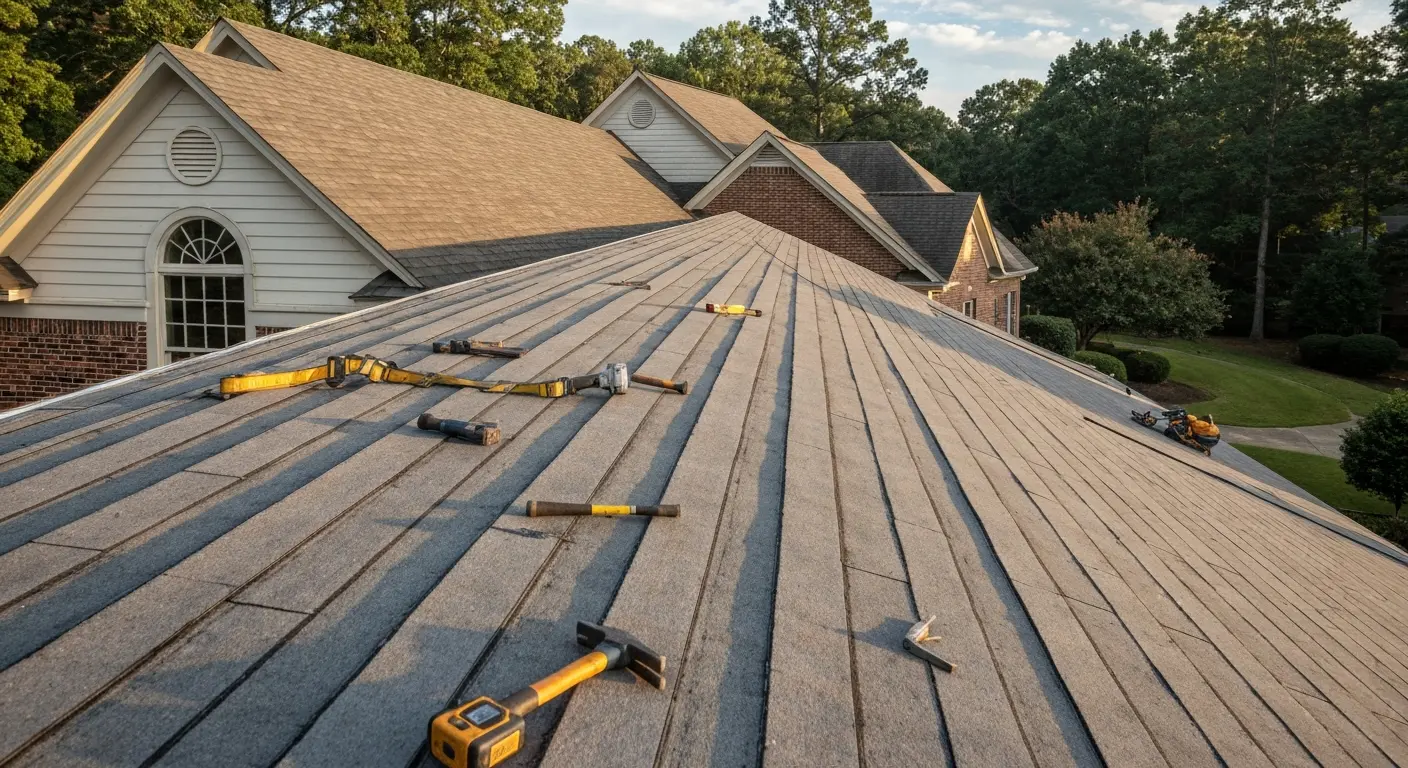 Roof repair work in progress