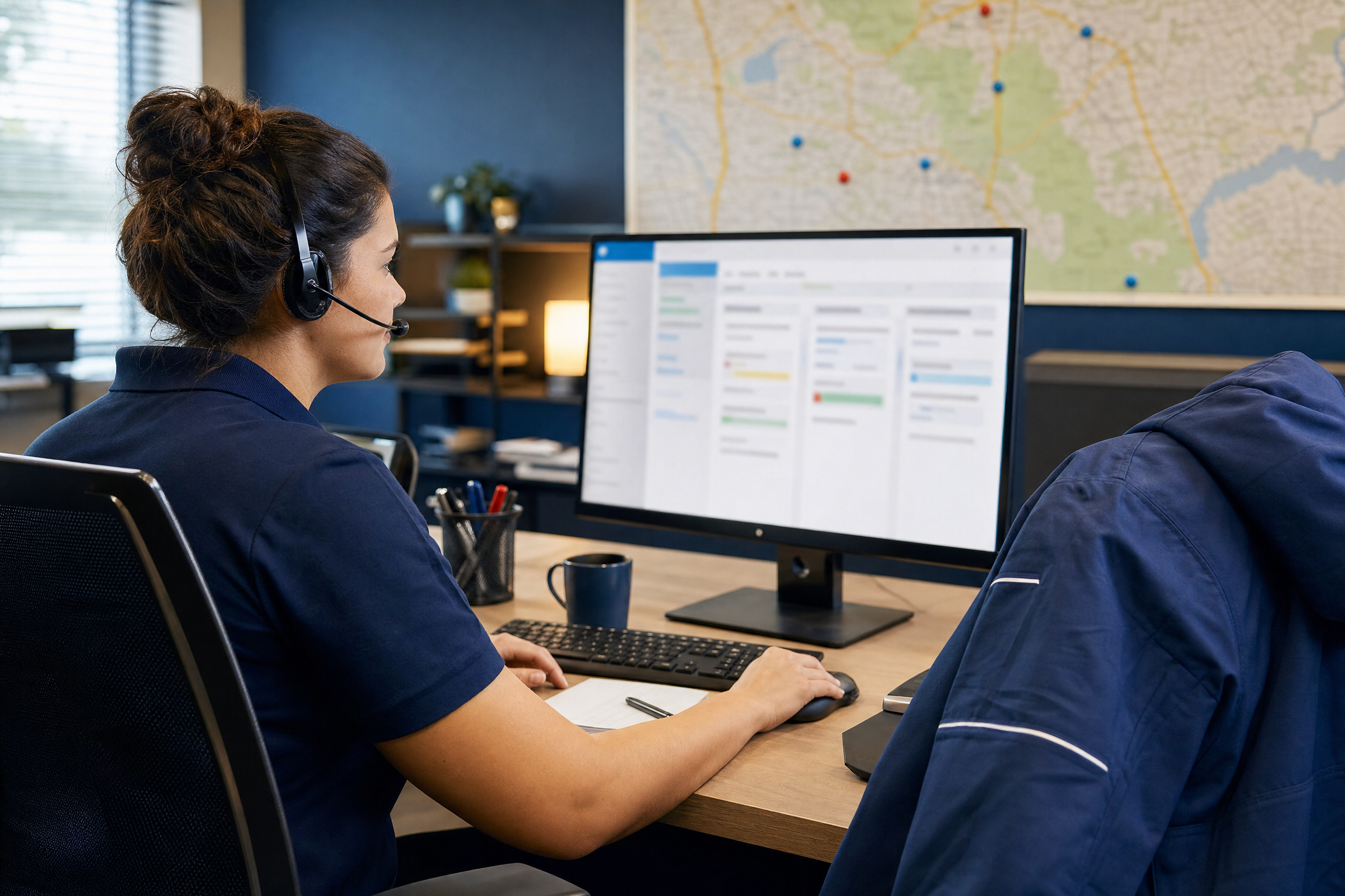 HVAC dispatcher reviewing a well-organized service request captured by MOLA CRM automation